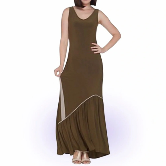 Attitudes by Renee Olive Lycra como jersey maxi Dress Sz L - Picture 1 of 12